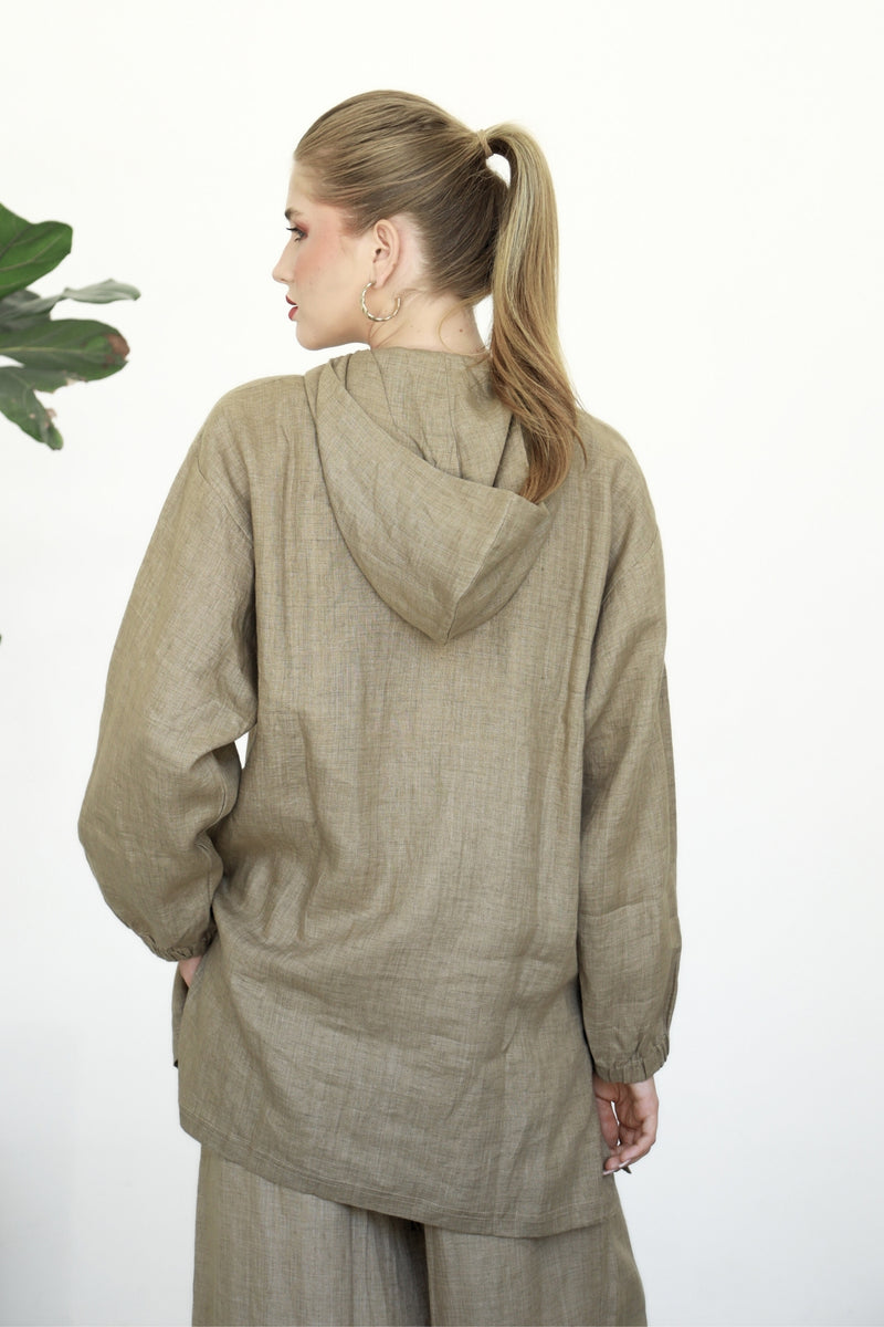 Linen Zip-up Hoodie - Almond Latte