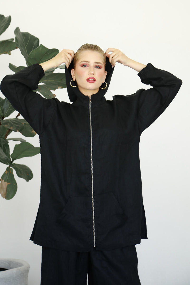 Linen Zip-up Hoodie - Black