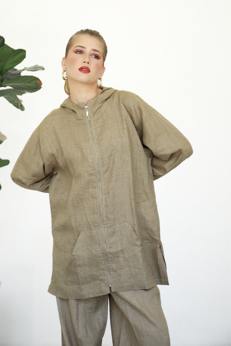 Linen Zip-up Hoodie - Almond Latte