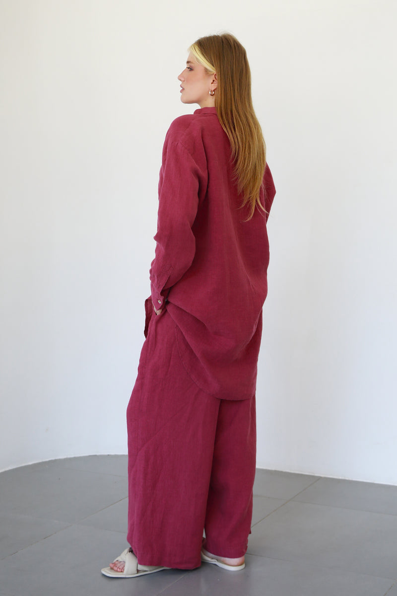 Distressed Linen Wide Pants - Berry Fest