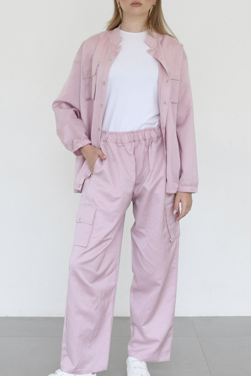 Linen-Blend Cargo Set -  Pink