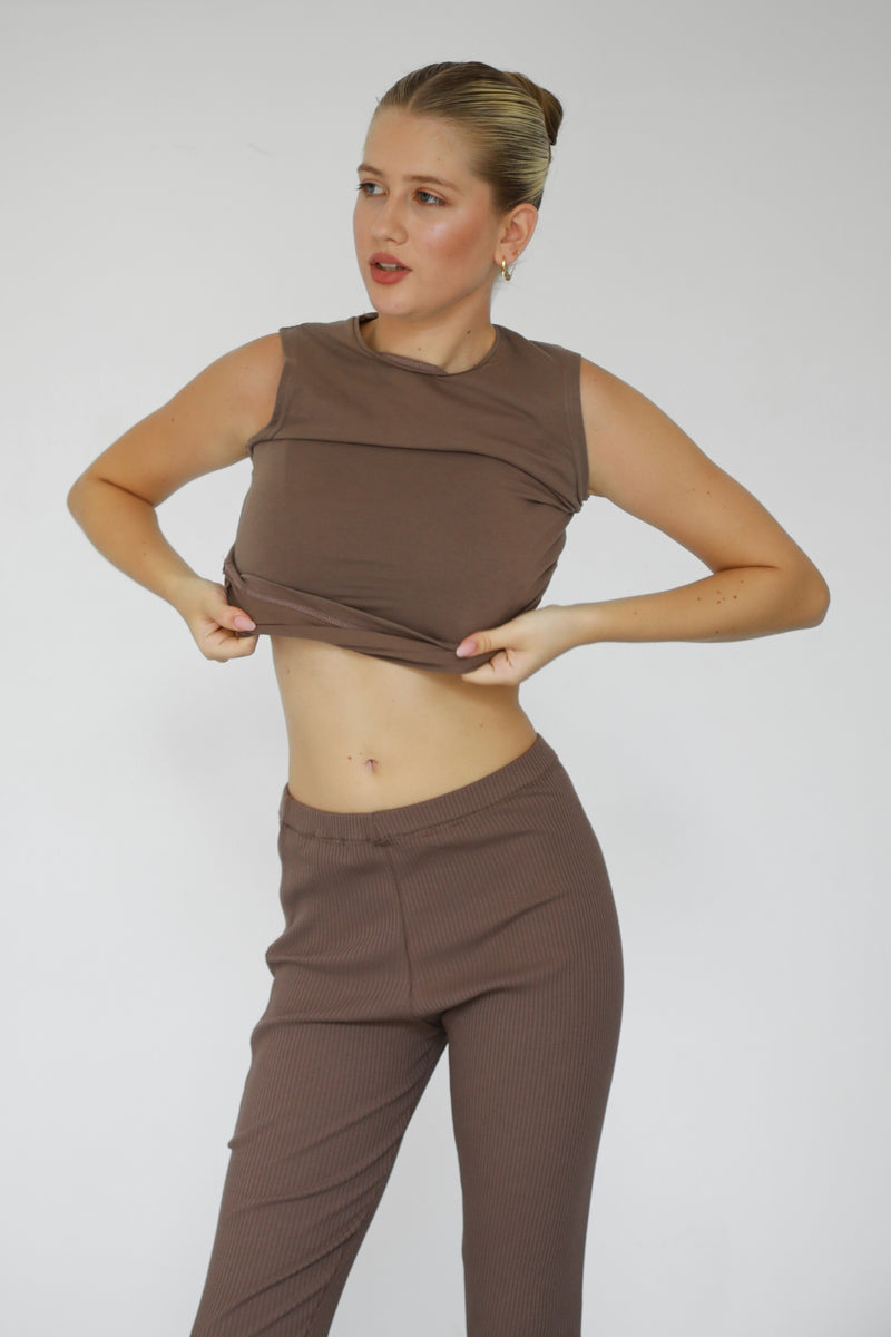 Ribbed Leggings With Pockets - Mocha