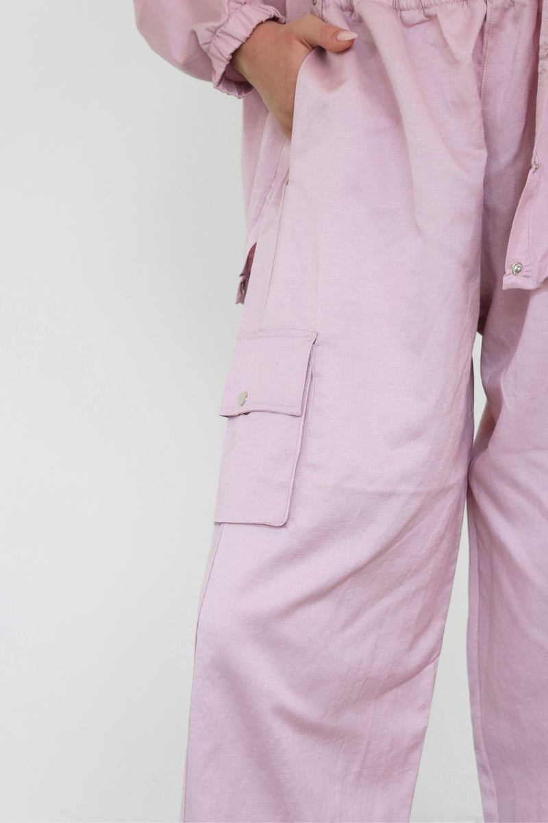 Linen-Blend Cargo Set -  Pink