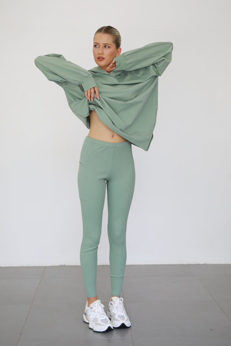 Ribbed Leggings With Pockets - Sage