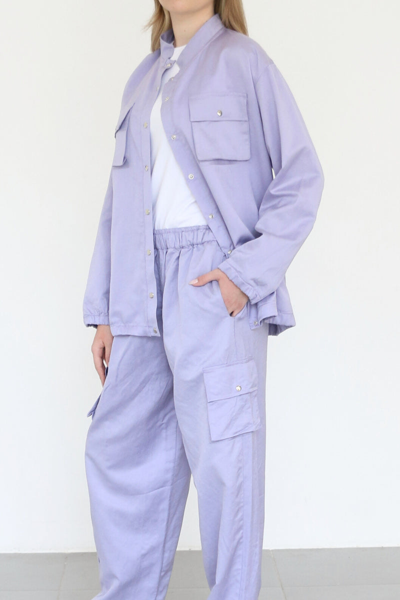 Linen-Blend Cargo Set -  Purple