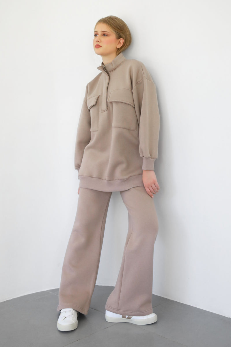 Heavy Zipper Sweatshirt With Pockets - Taupe