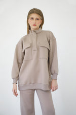 Heavy Zipper Sweatshirt With Pockets - Taupe