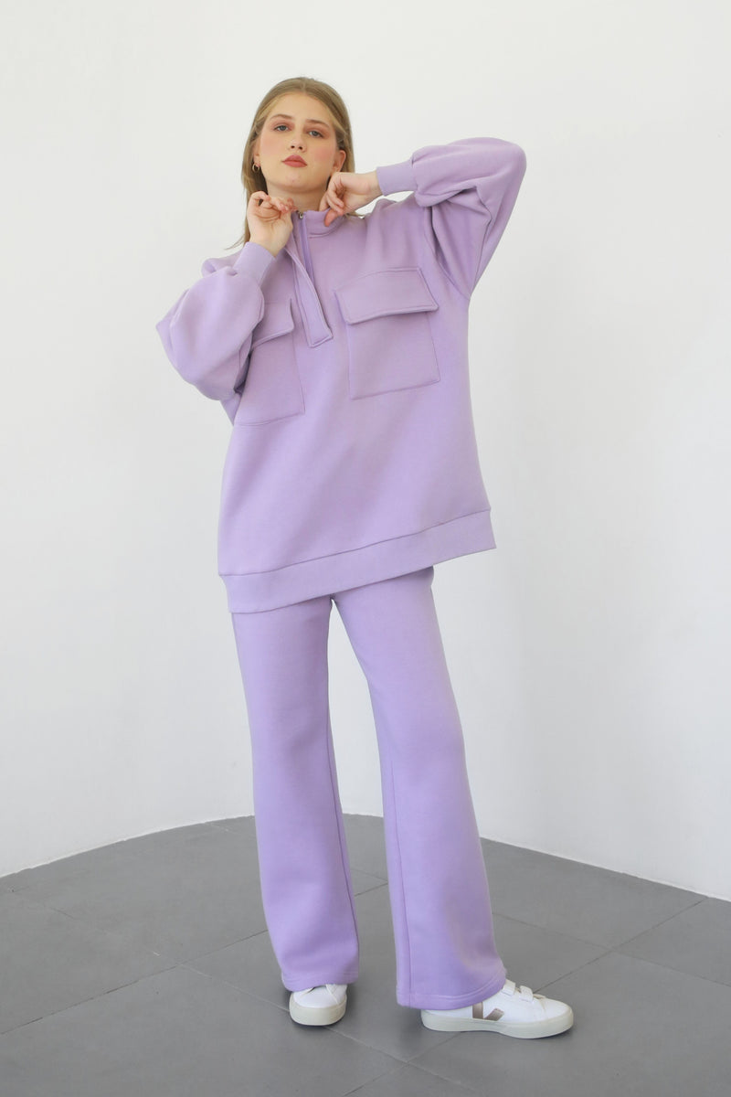 Heavy Zipper Sweatshirt With Pockets - Lavender