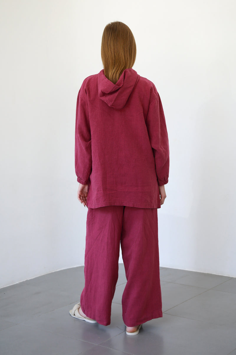 Distressed Linen Hoodie - Berry Fest