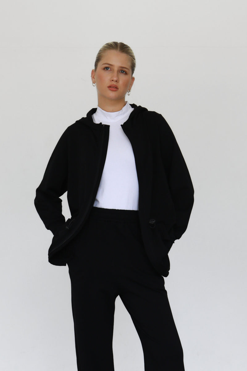 Light Waisted Zip-Up Hoodie - Black