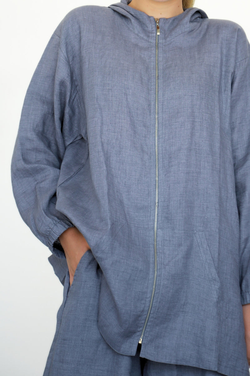 Linen Zip-up Hoodie - Washed Blue
