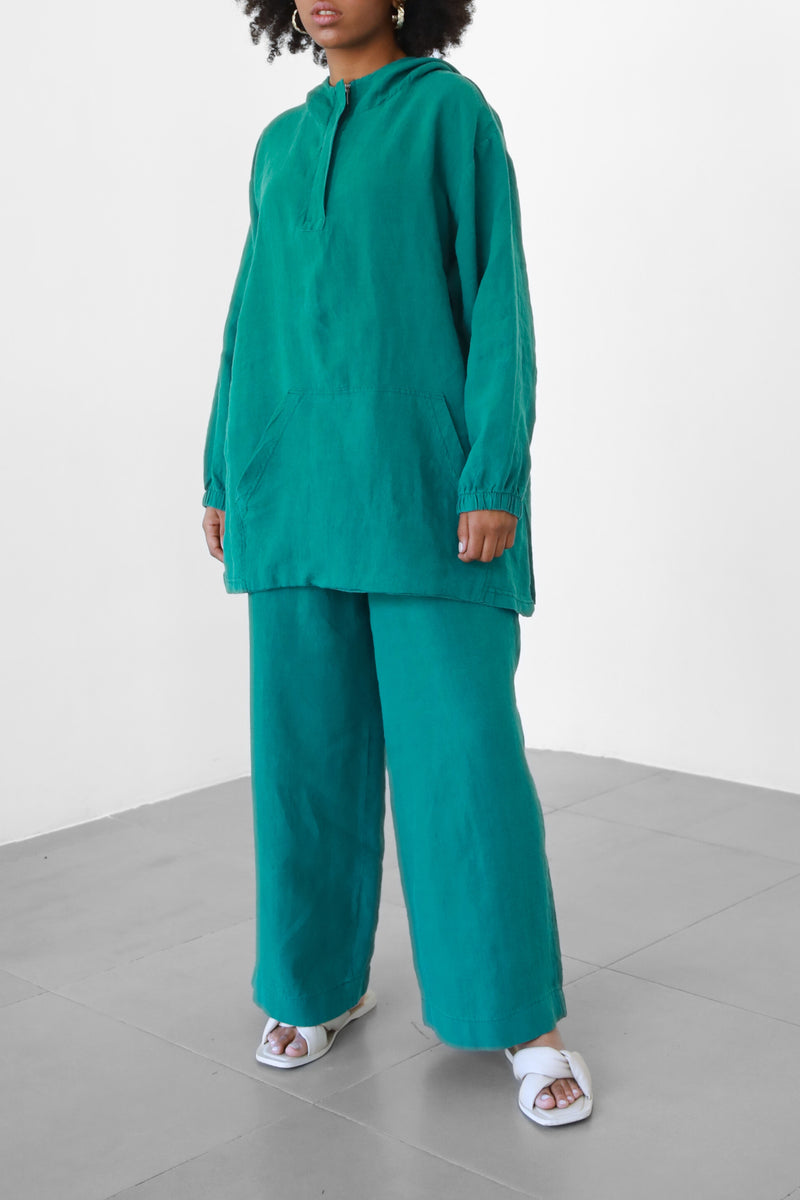 Distressed Linen Wide Pants - Pine Green