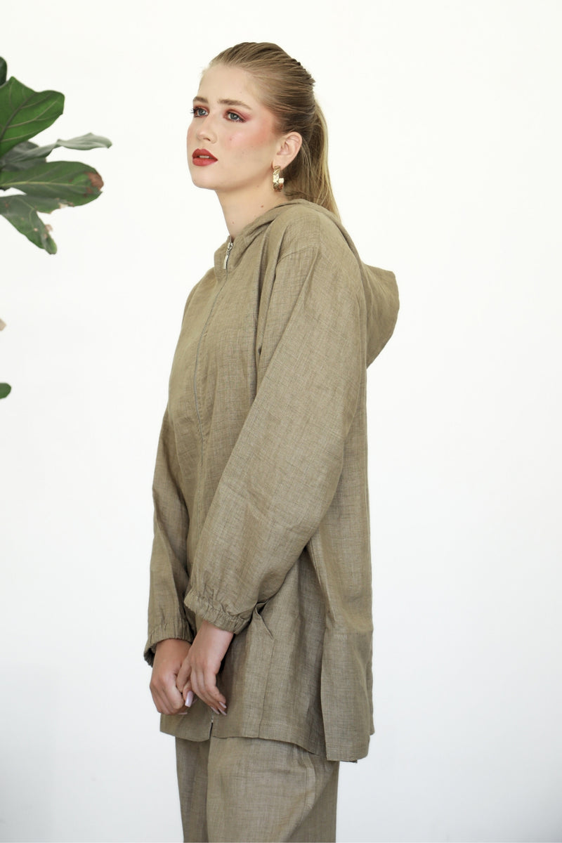 Linen Zip-up Hoodie - Almond Latte