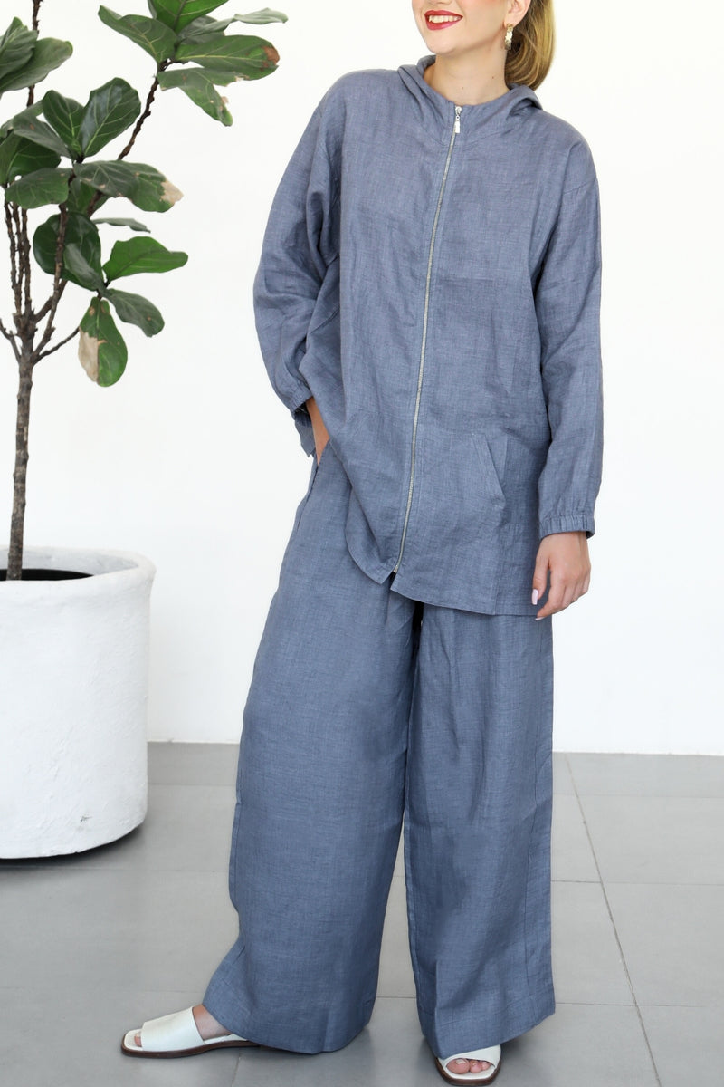 Linen Zip-up Hoodie - Washed Blue