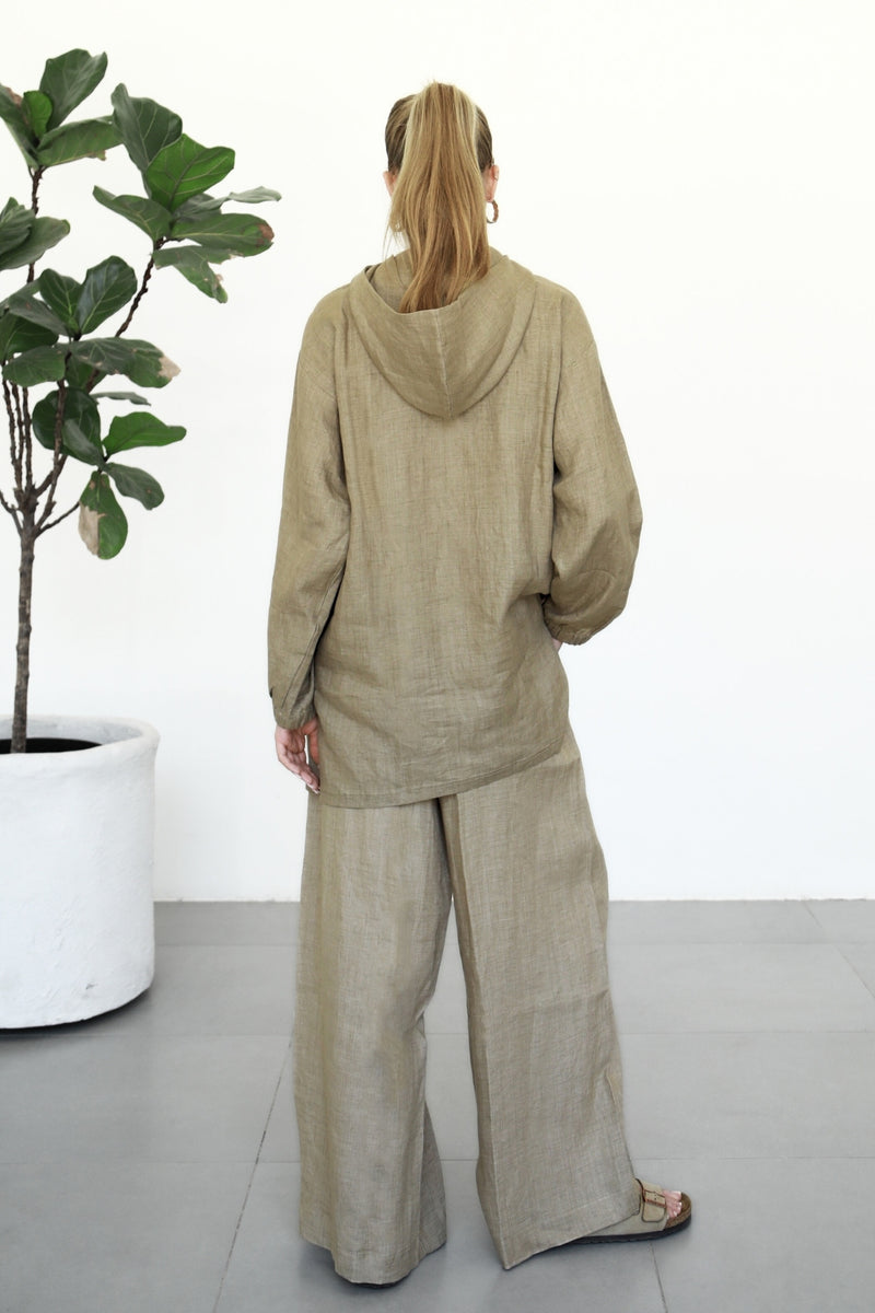 Linen Zip-up Hoodie - Almond Latte