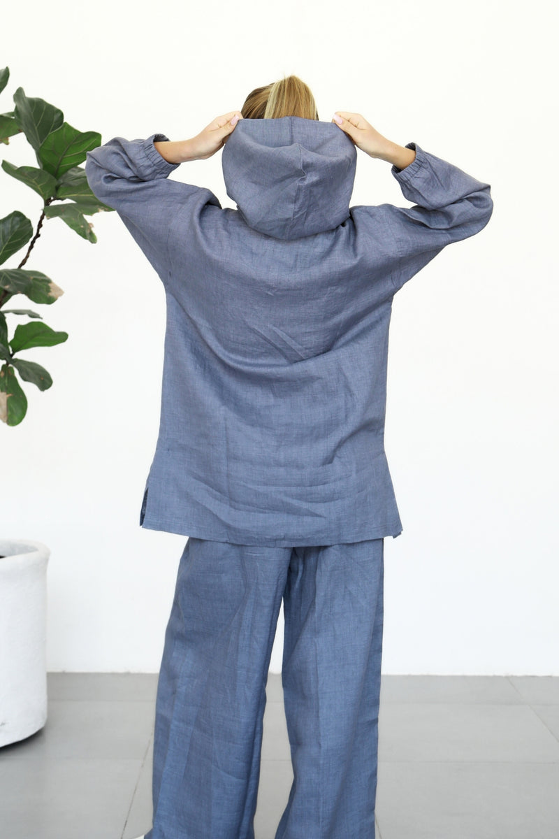 Linen Zip-up Hoodie - Washed Blue