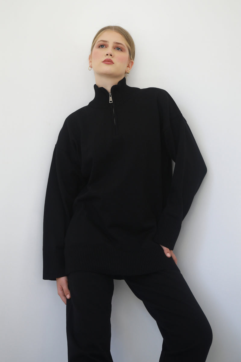 Knit Zipper Sweatshirt - Black
