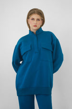 Heavy Zipper Sweatshirt With Pockets - Teal