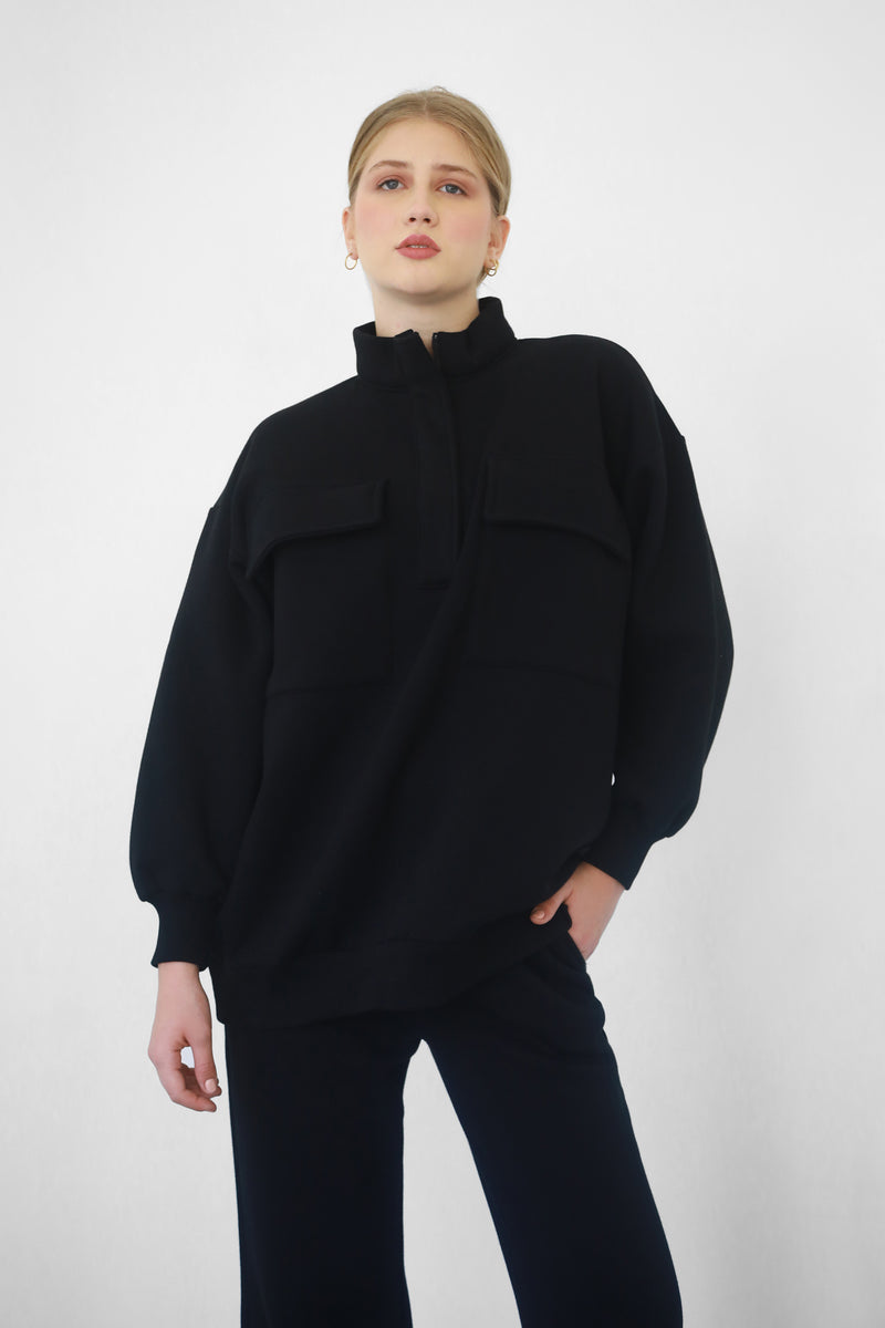 Heavy Zipper Sweatshirt With Pockets - Black