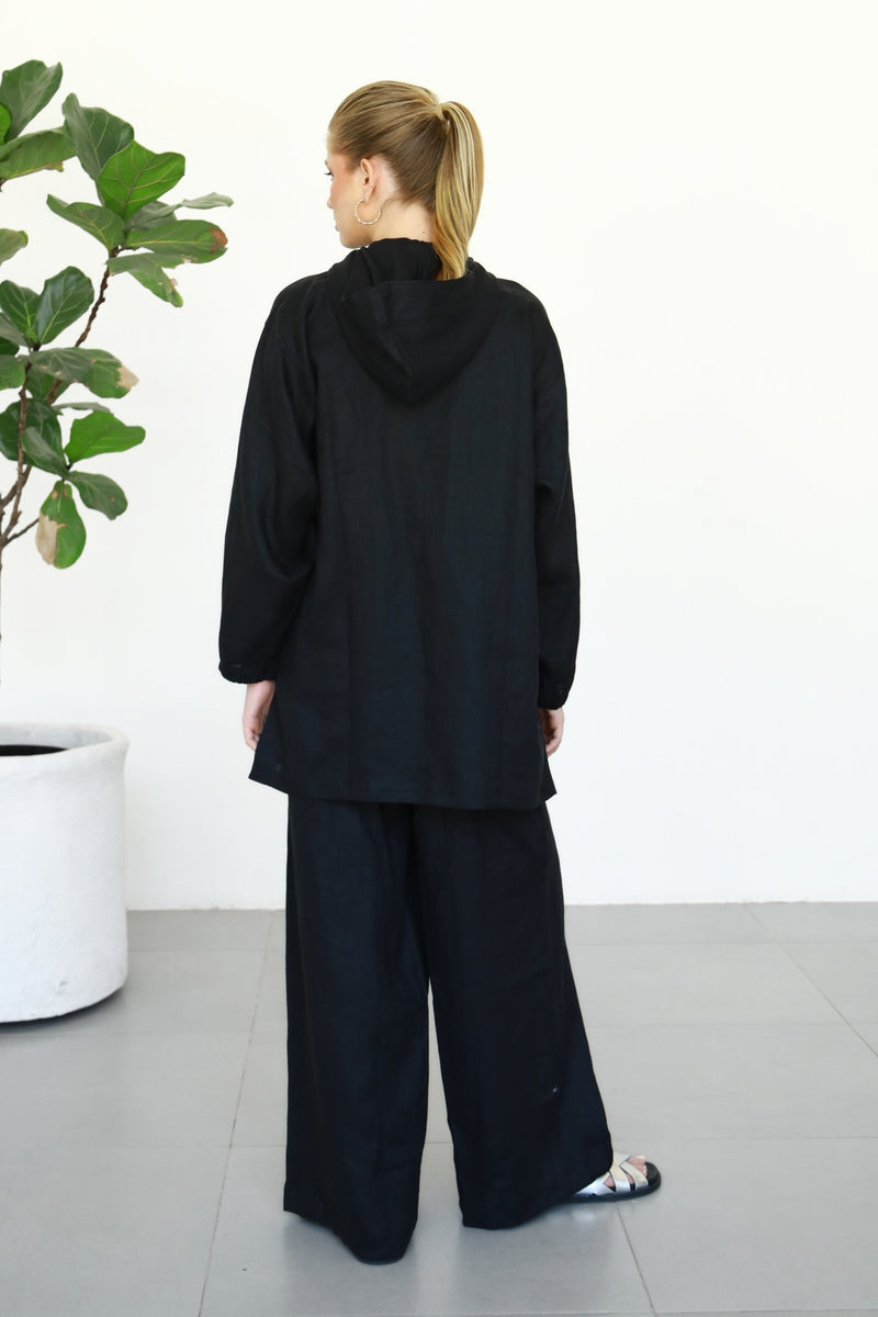 Linen Zip-up Hoodie - Black