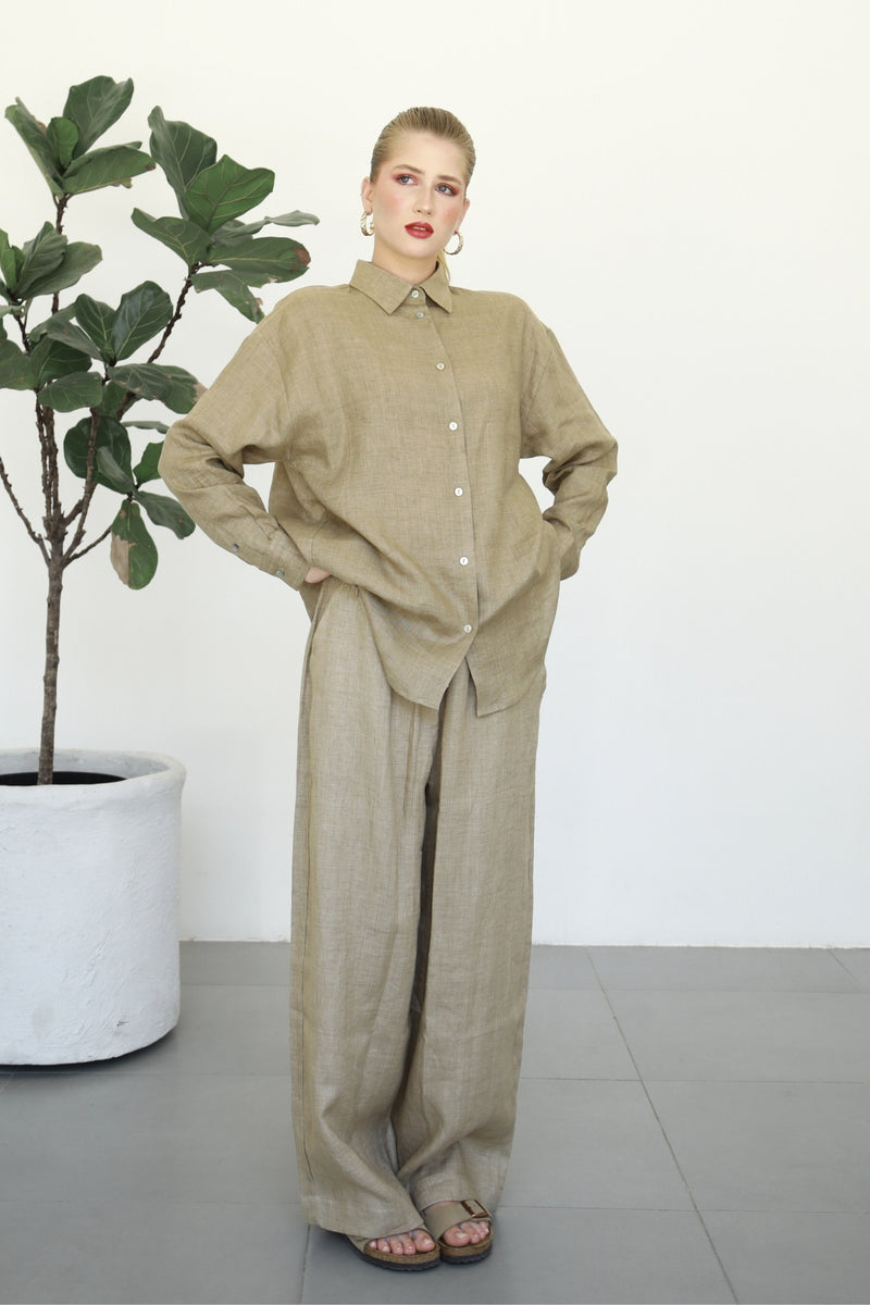 Linen Wide Pants - Almond Latte