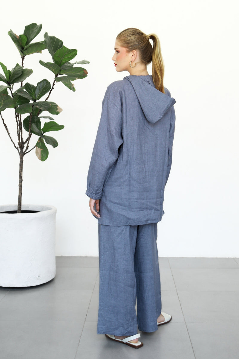 Linen Zip-up Hoodie - Washed Blue