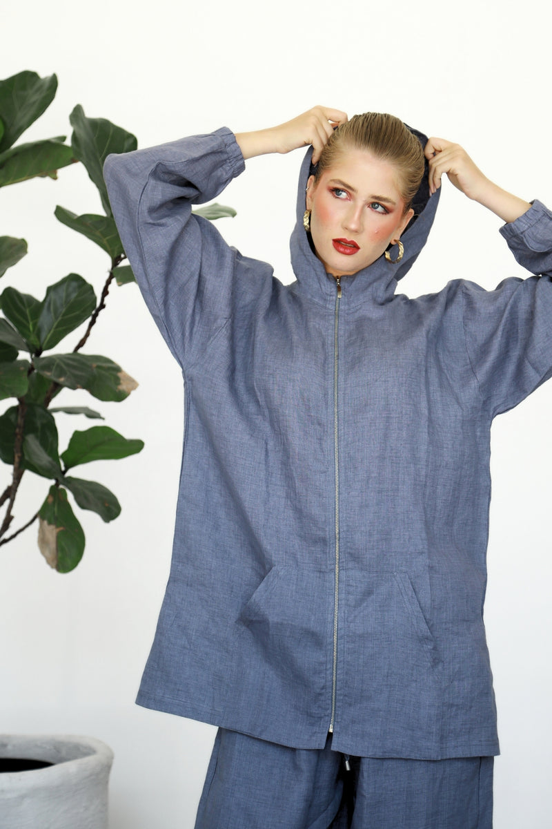 Linen Zip-up Hoodie - Washed Blue