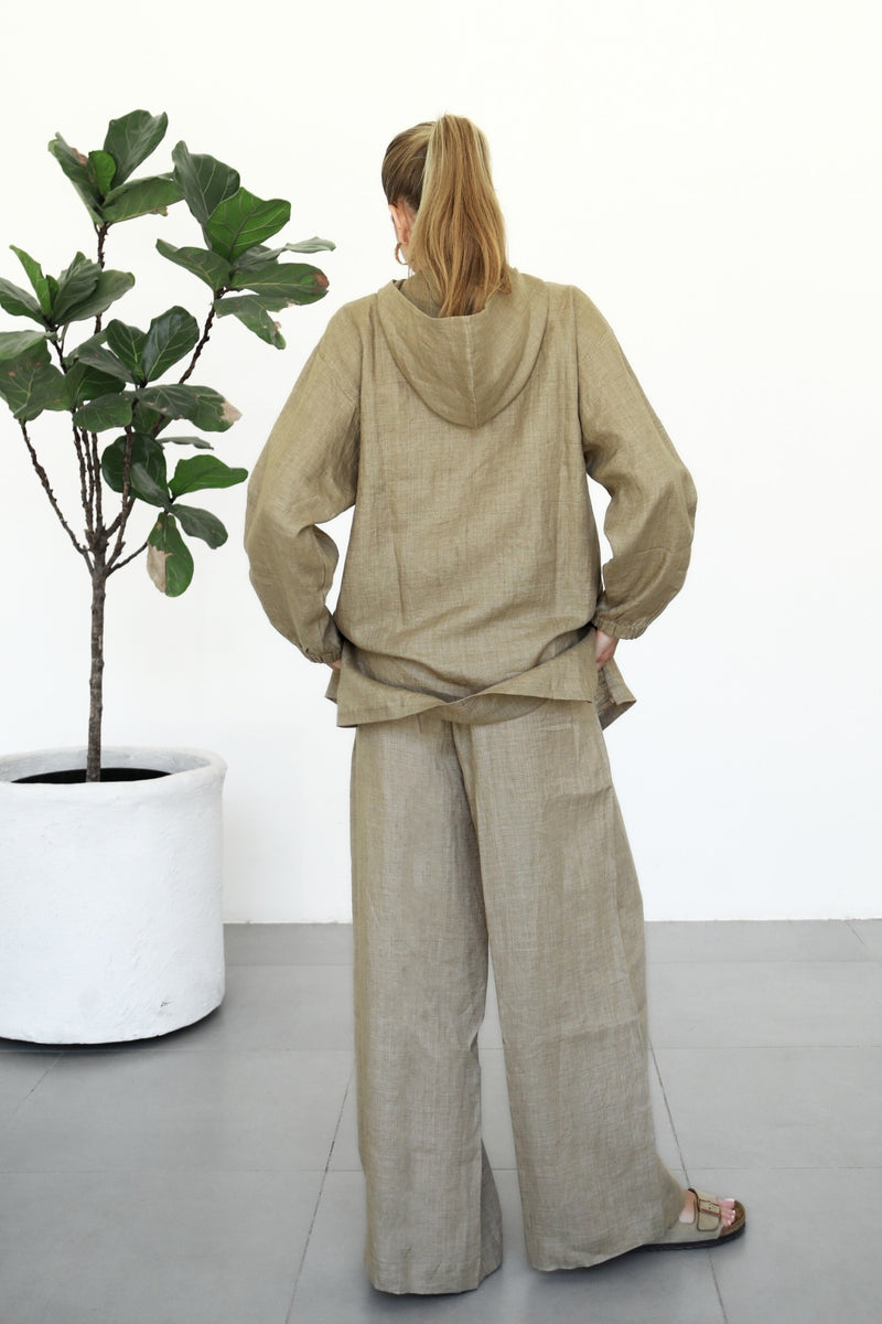 Linen Zip-up Hoodie - Almond Latte