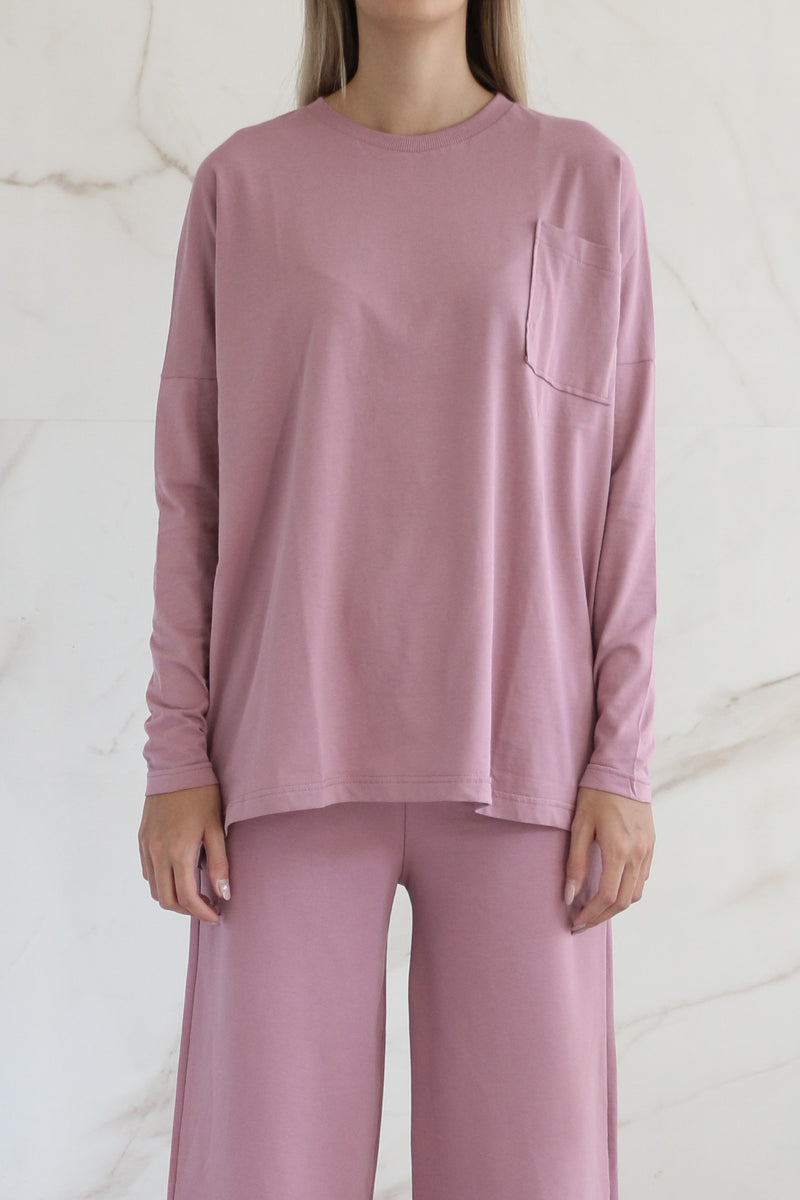 Oversized Cotton T-shirt with Pocket - Berry Nude
